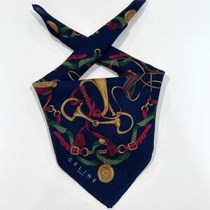 WOMEN HANDKERCHIEF CELINE Gold Blue Chain Belt BANDANA COTTON POCKET SQUARE 19”